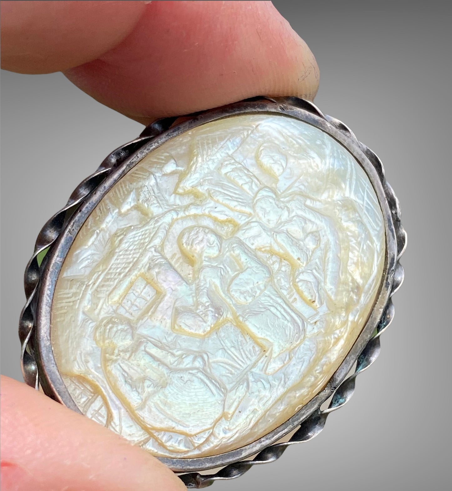 Vintage Victorian Era Silver & Carved Mother of Pearl Brooch Chinese Scene c1800