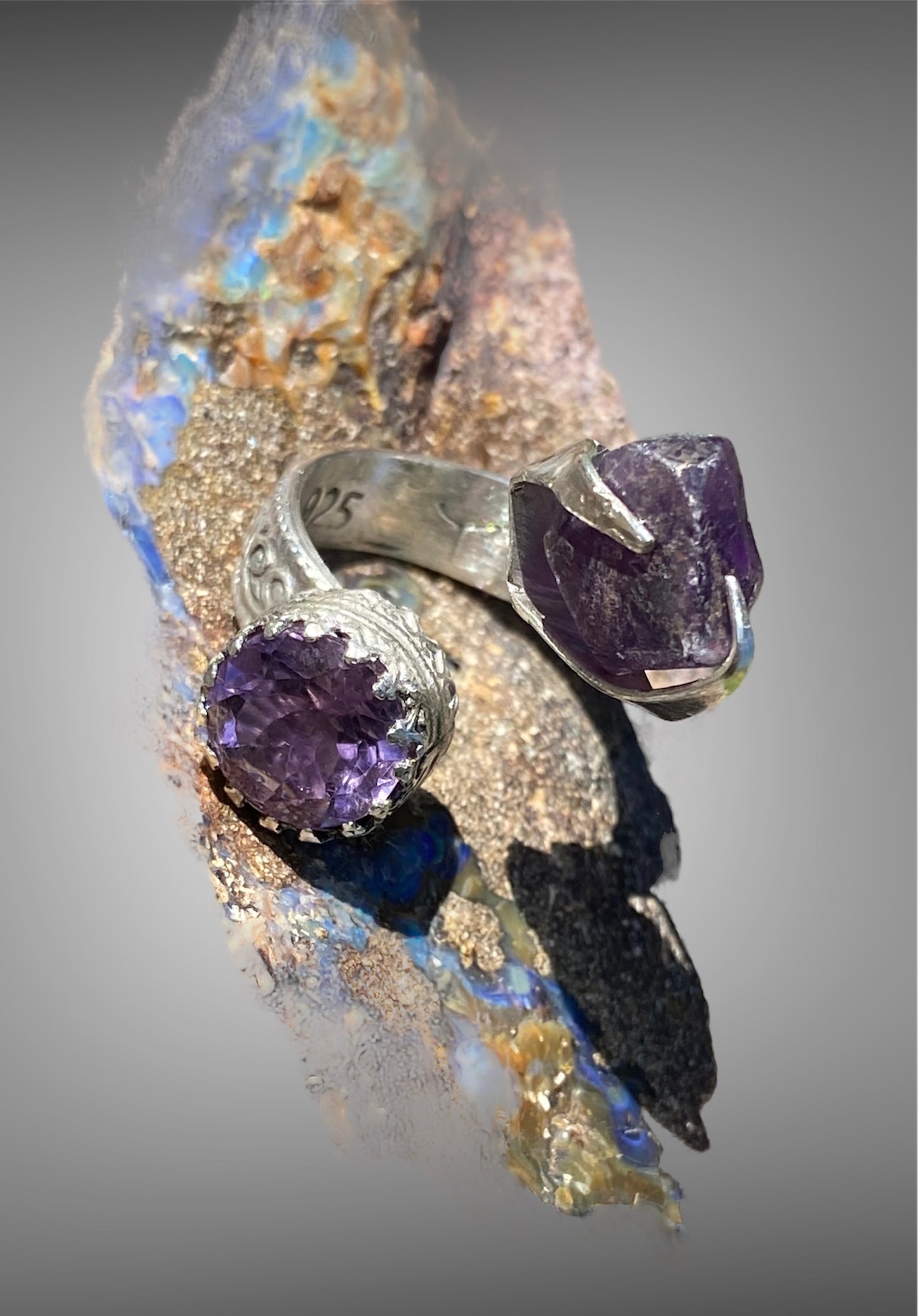 Handmade Amethyst Twist Ring with Raw and Faceted Gemstones