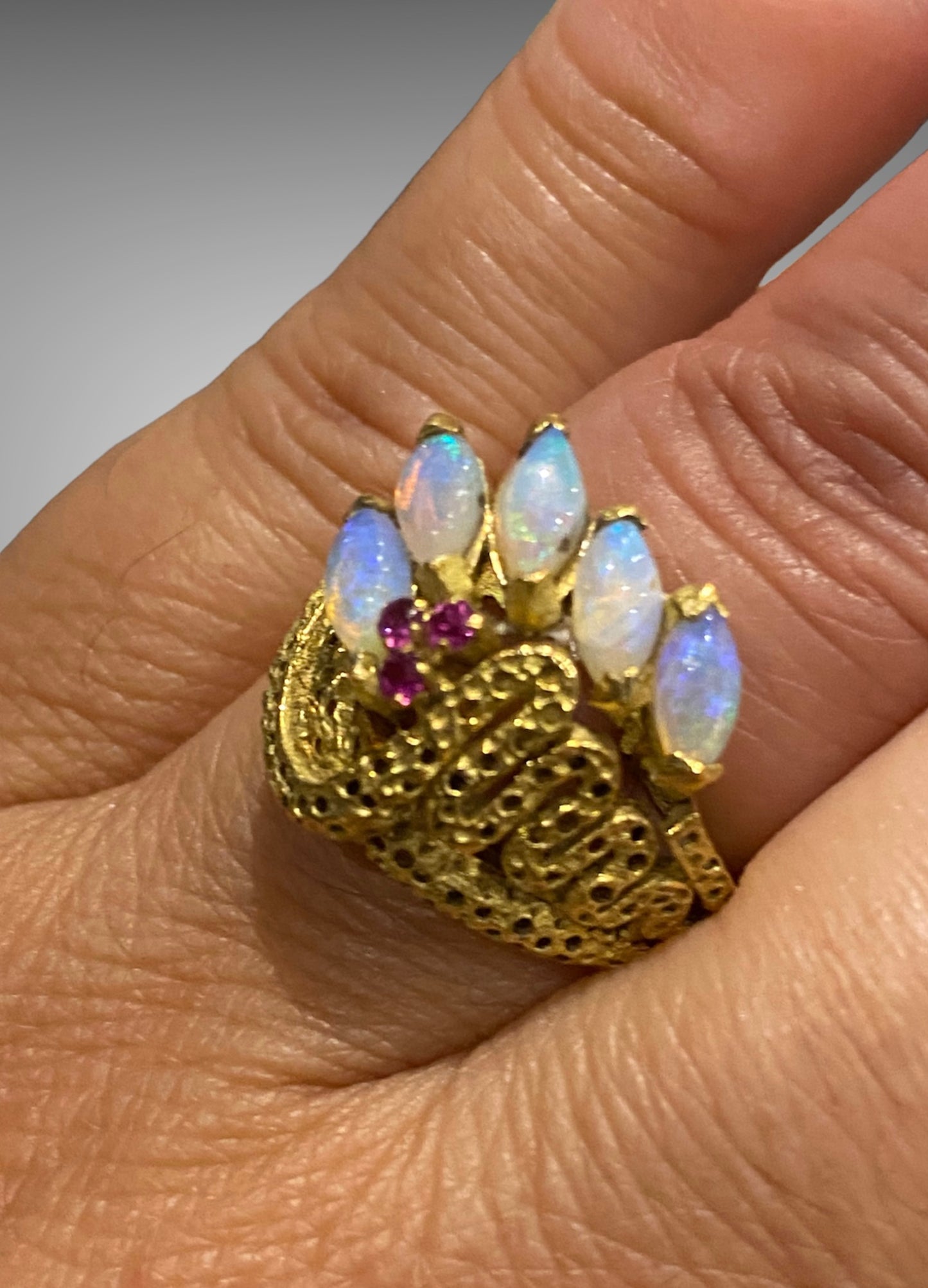Unique 18K Yellow Gold Opal & Ruby Ring sold