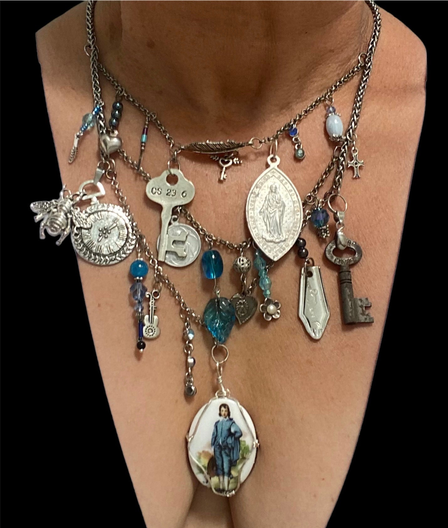 Blue Boy Altered Art Assemblage Necklace Pendant
