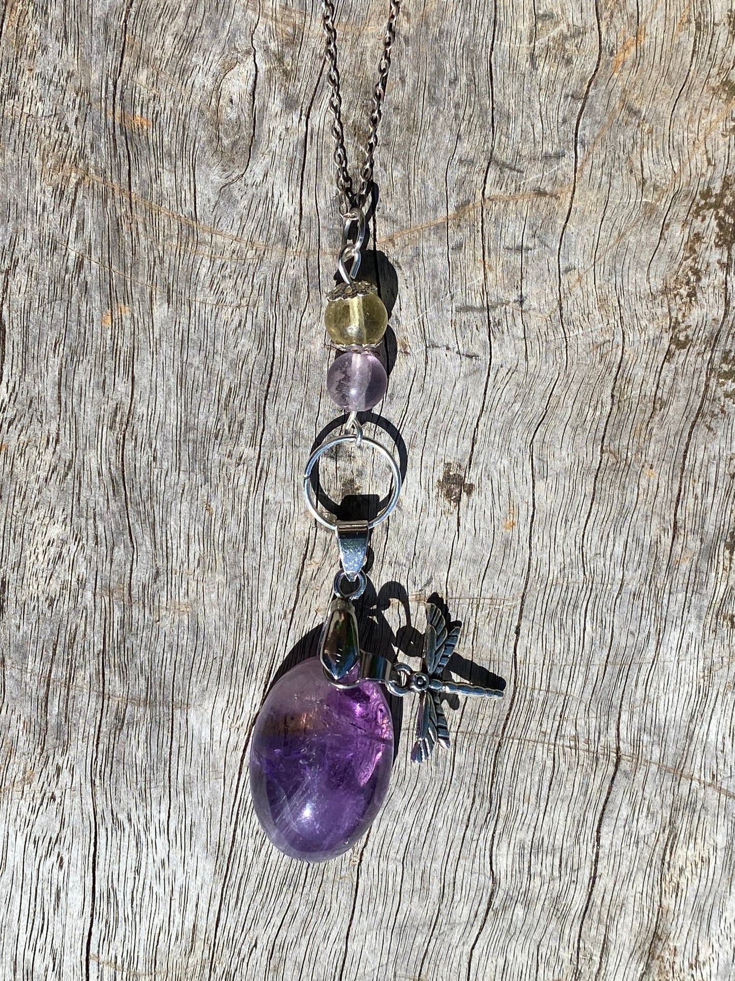 Ametrine Cabochon & Fluorite Beads Dragonfly Pendant