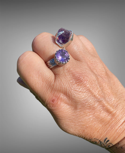 Handmade Amethyst Twist Ring with Raw and Faceted Gemstones