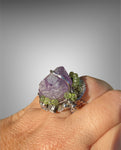 Handmade Raw Amethyst with Faceted Peridot Beads Brutalist Ring