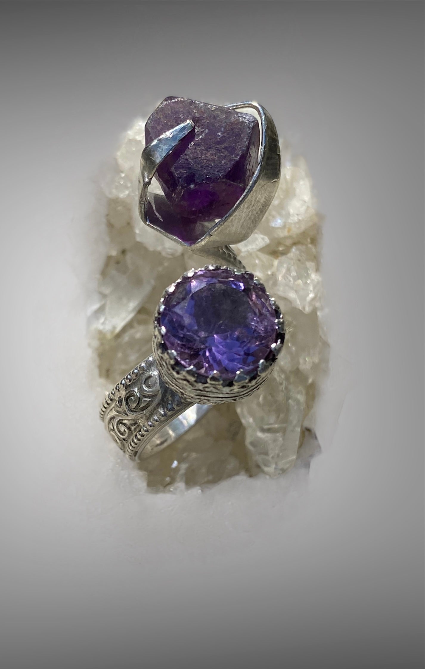 Handmade Amethyst Twist Ring with Raw and Faceted Gemstones
