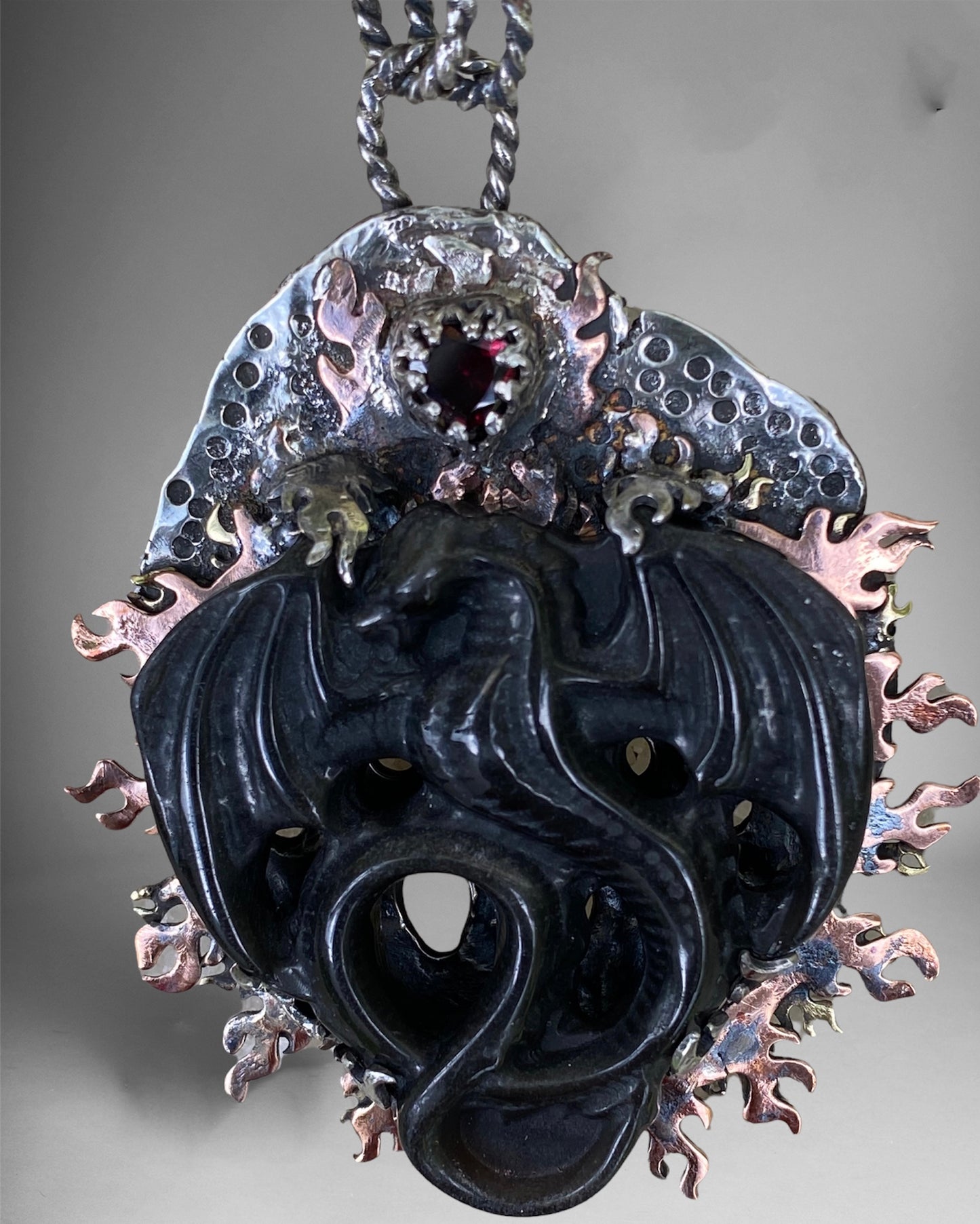 Handmade Golden Sheen Obsidian Dragon Carving Pendant with Heart Garnet