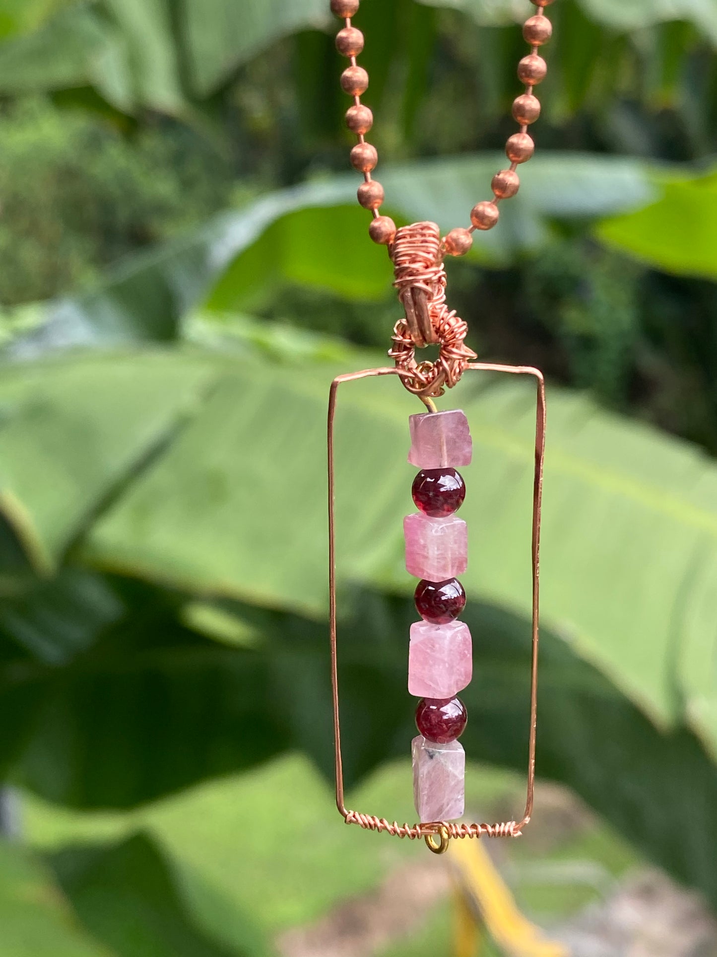 Pink tourmaline and 6mm Garnet Bead Copper Pendant