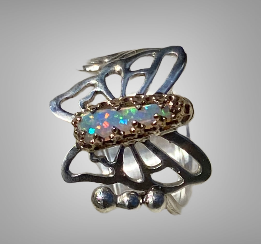 Handmade Rainbow Free Form Crystal Opal Butterfly Ring sold