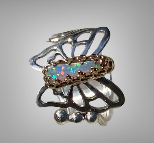Handmade Rainbow Free Form Crystal Opal Butterfly Ring sold