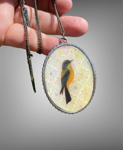 Vintage Hand painted on Material Finch Pendant