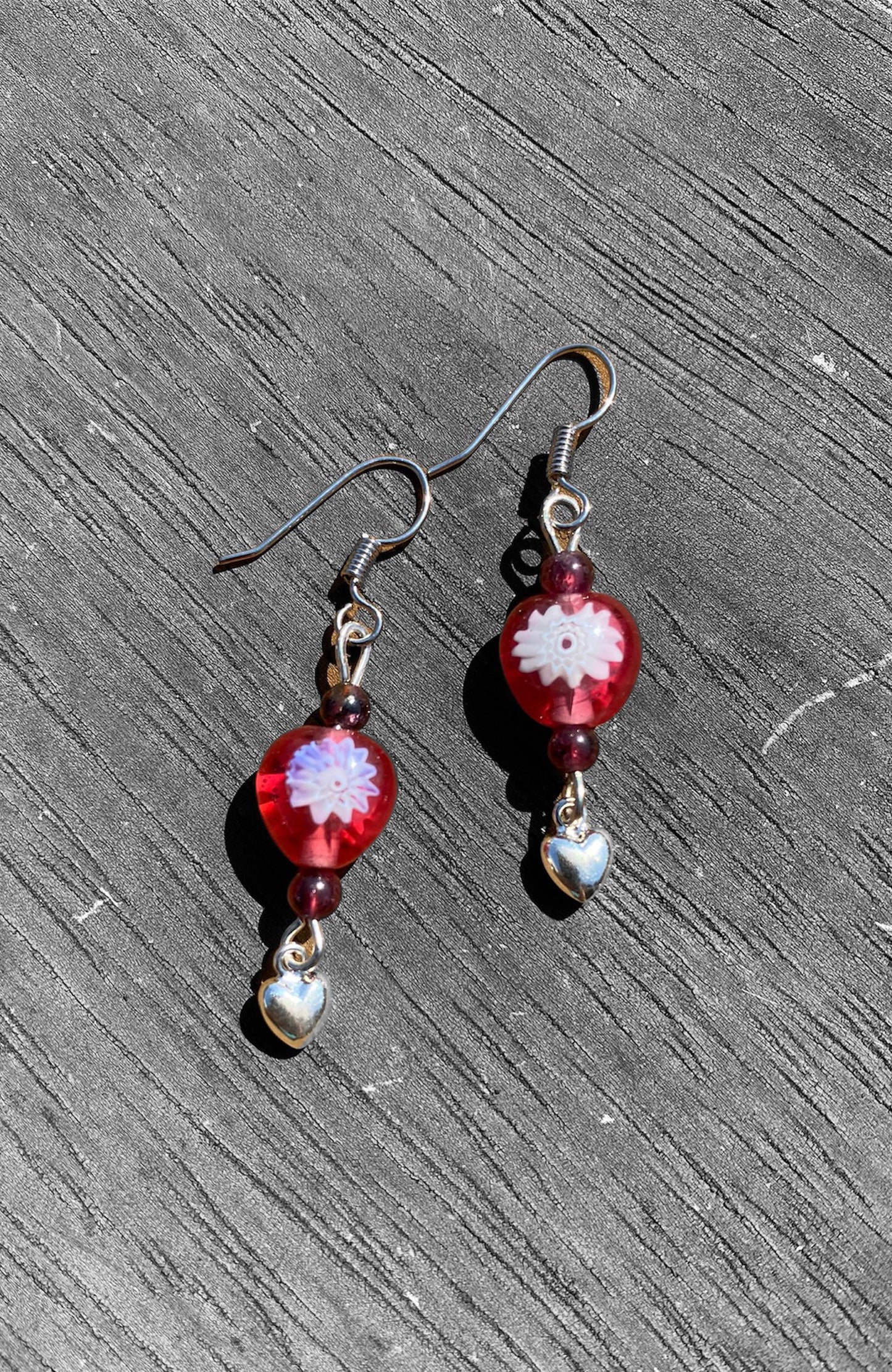 Garnet & Millefiori Earrings with 925 Hearts