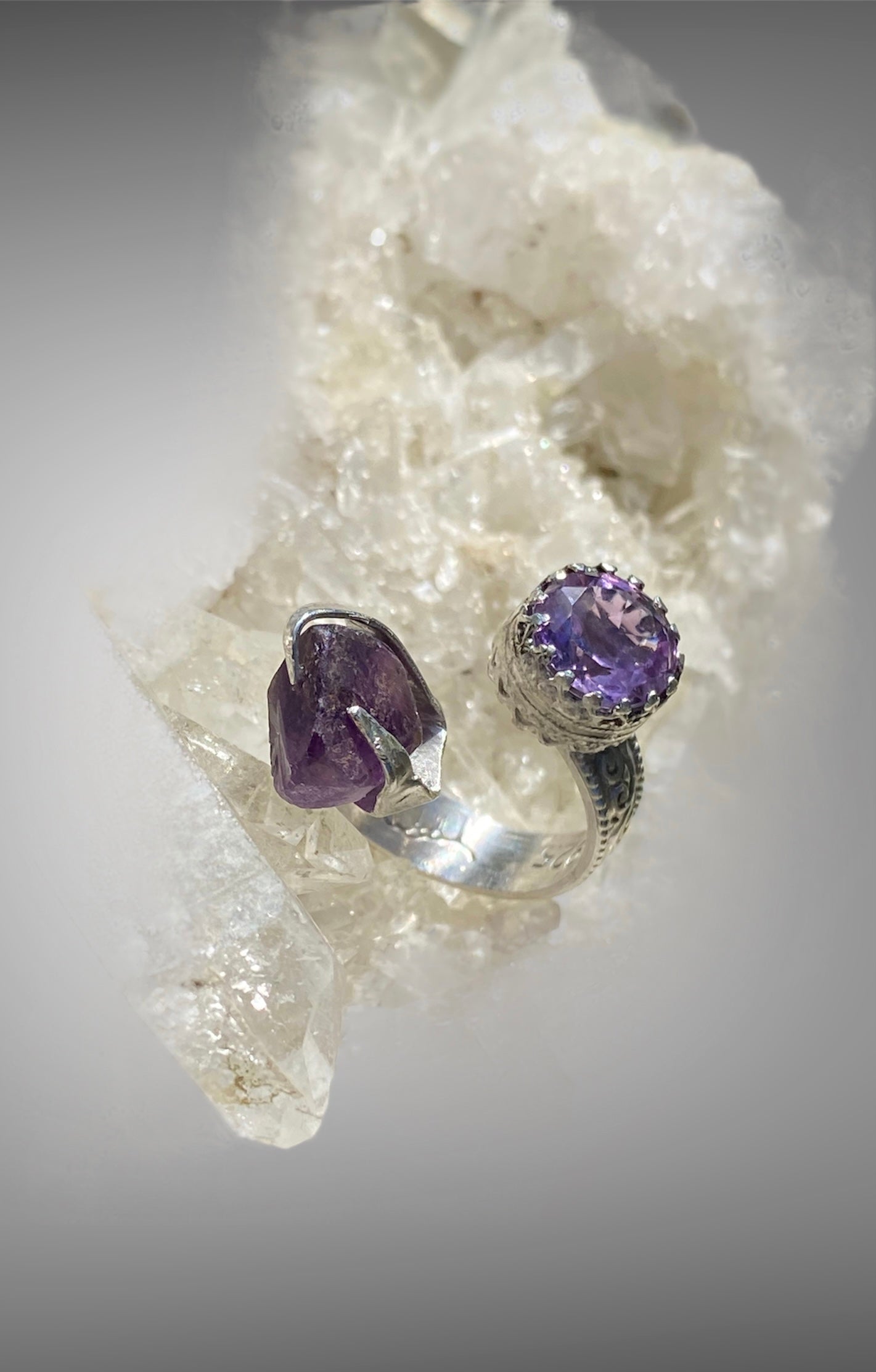 Handmade Amethyst Twist Ring with Raw and Faceted Gemstones