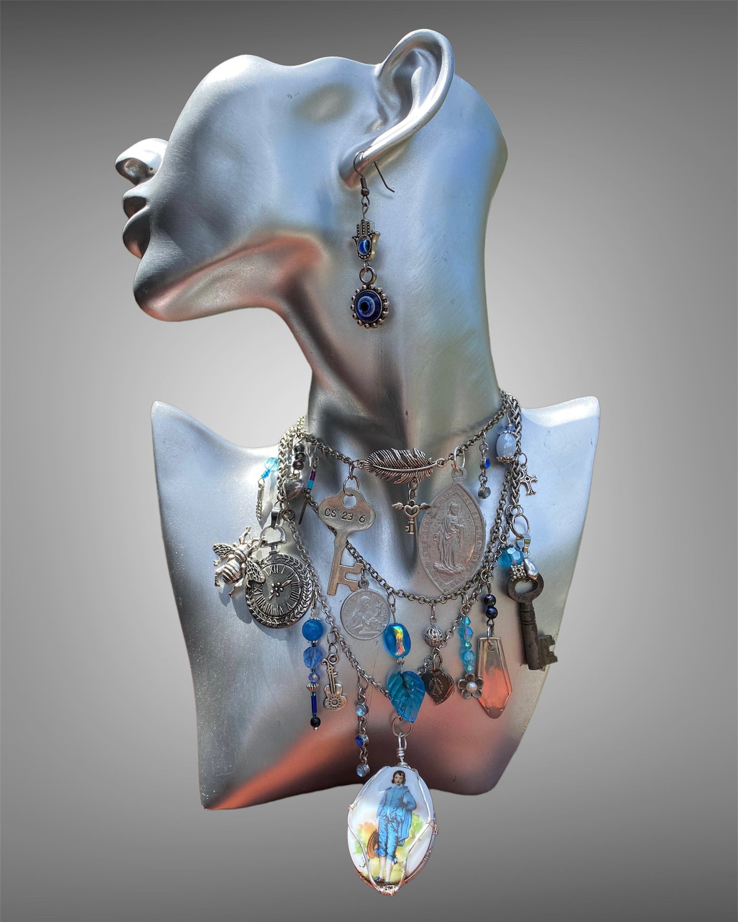 Blue Boy Altered Art Assemblage Necklace Pendant