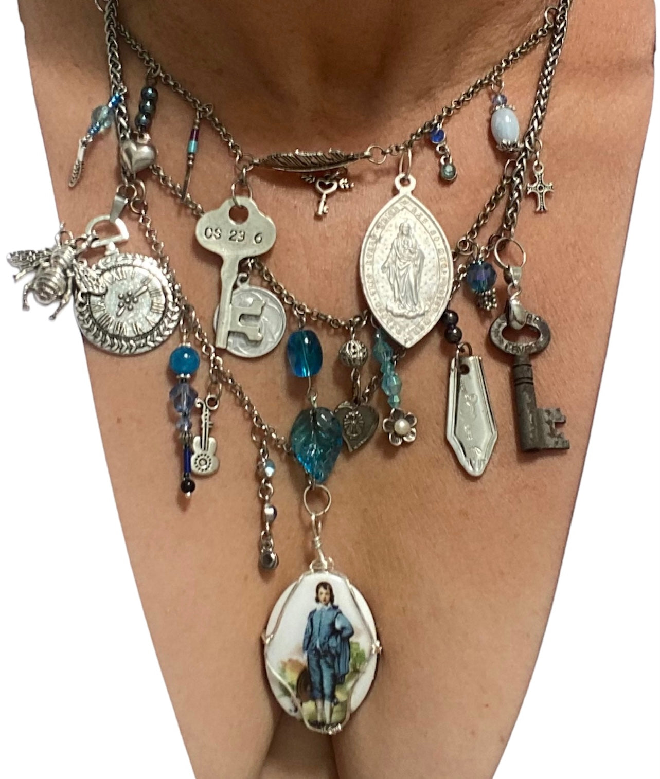 Blue Boy Altered Art Assemblage Necklace Pendant