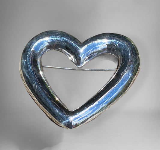 Vintage Sterling Silver Heart Brooch 925 Large Open Heart Pin Minimalist Jewellery Gift for Her