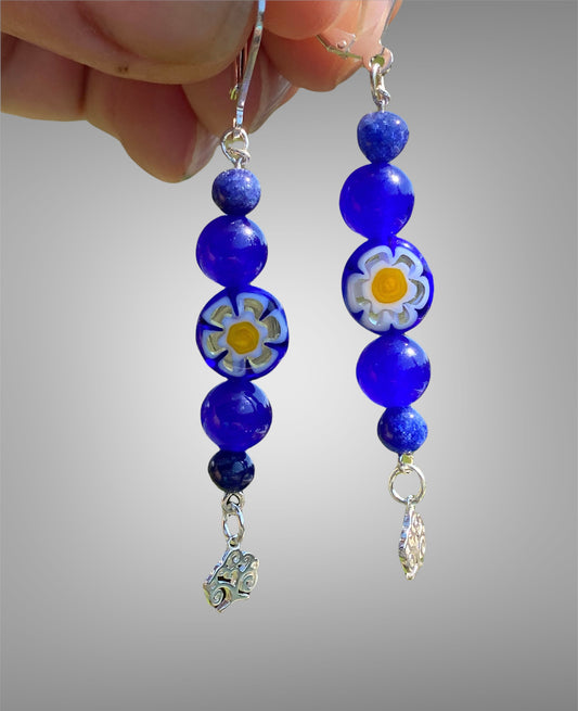 Blue Jade & Millefiori Bead Earrings with Tree of Life