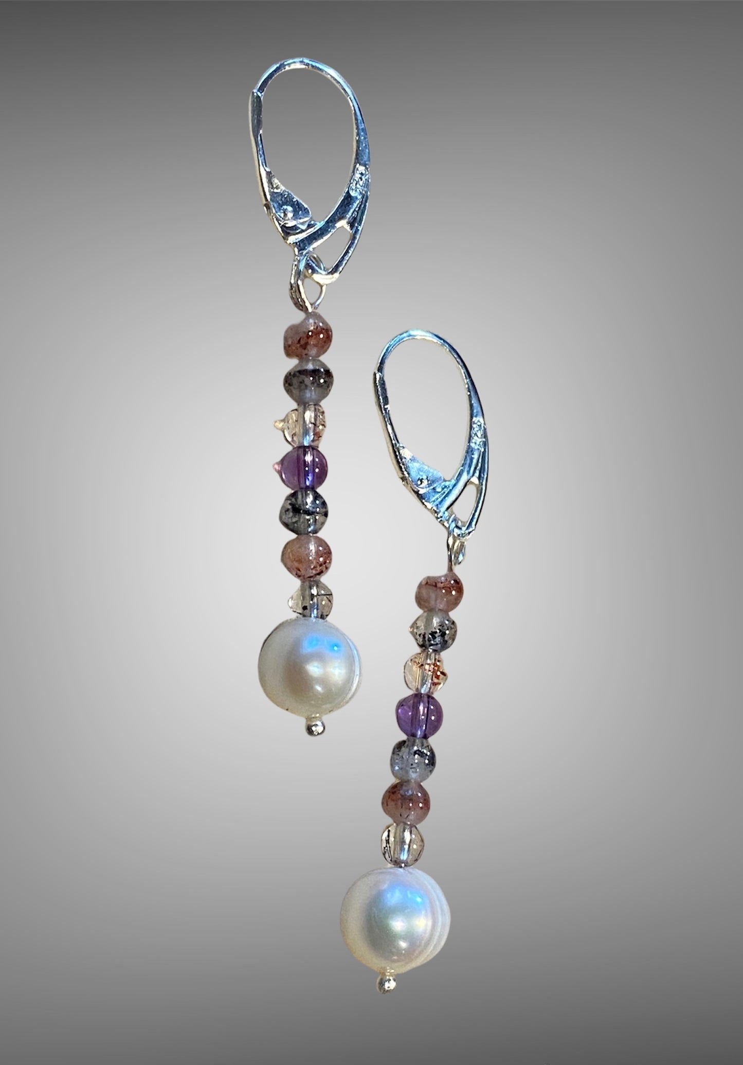 Natural Super Seven Crystal Beads and Peachy Pearl Earrings