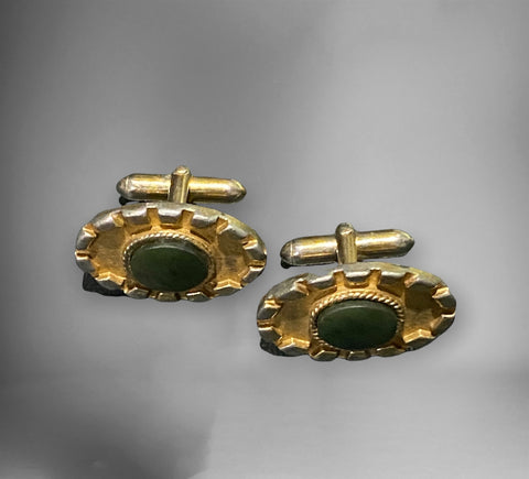 Vintage Swank Cufflinks Ornate Brushed and Polished Gold-Tone with Green Jade
