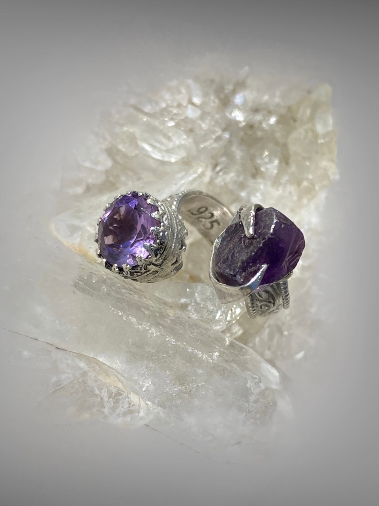 Handmade Amethyst Twist Ring with Raw and Faceted Gemstones