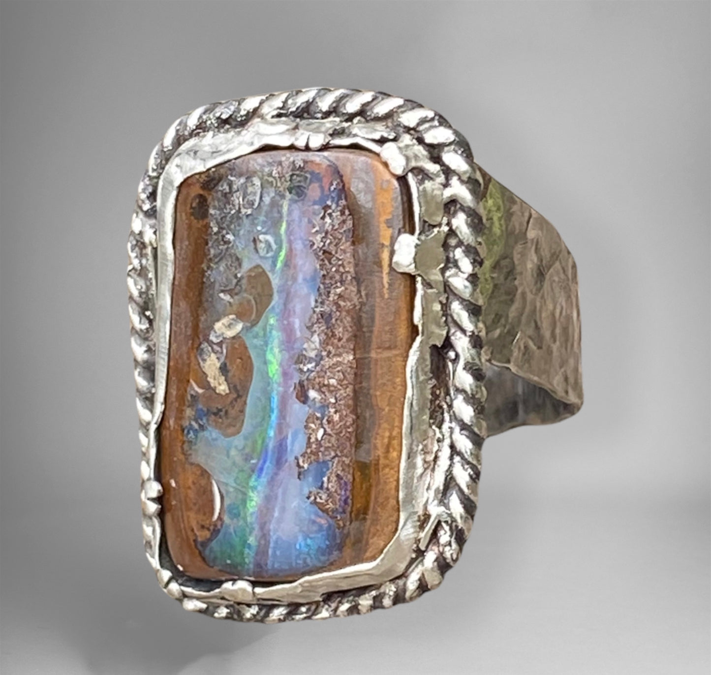Handmade Queensland Boulder Opal Ring – Sterling Silver Adjustable Statement Ring (Size 10–11)