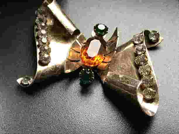 Retro Sterling Vermeil Rhinestone Bow Brooch c1945