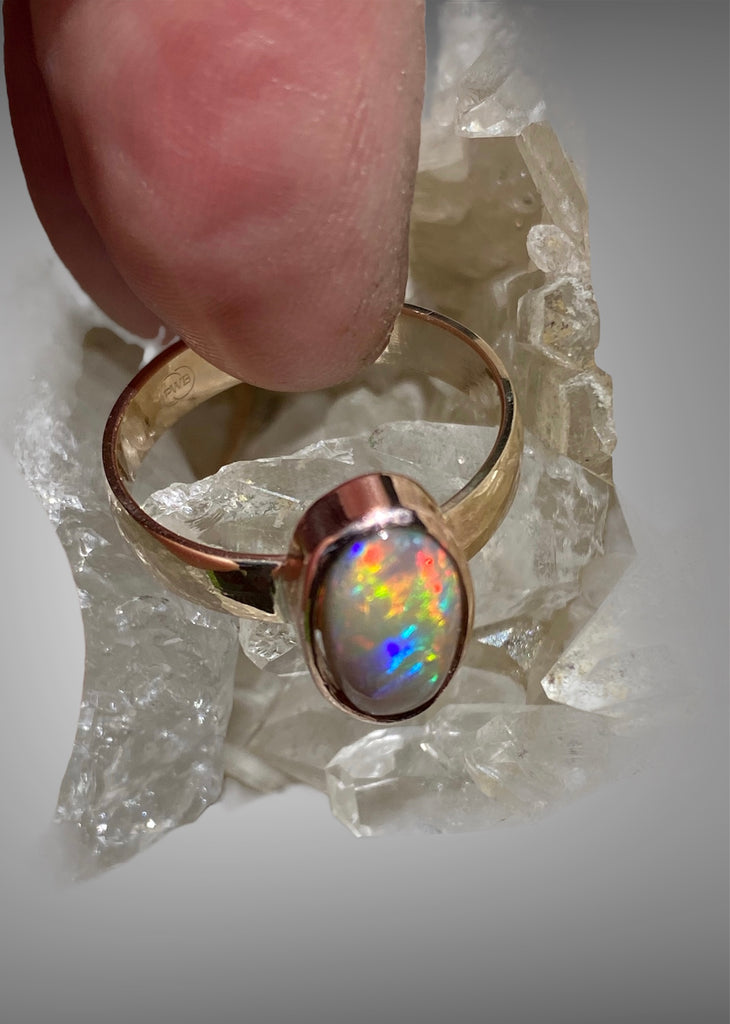 Organic Motif White Crystal Opal Ring 14K Yellow Gold 1960's