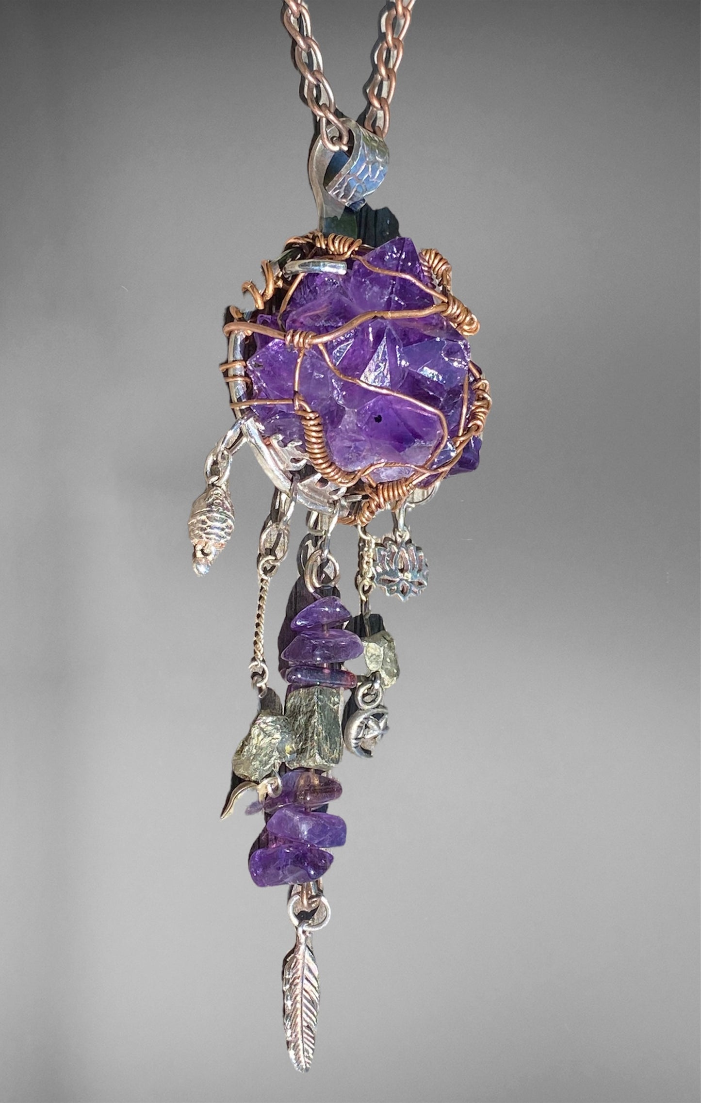 Handmade Amethyst Cluster and Pyrite Dream Catcher Necklace