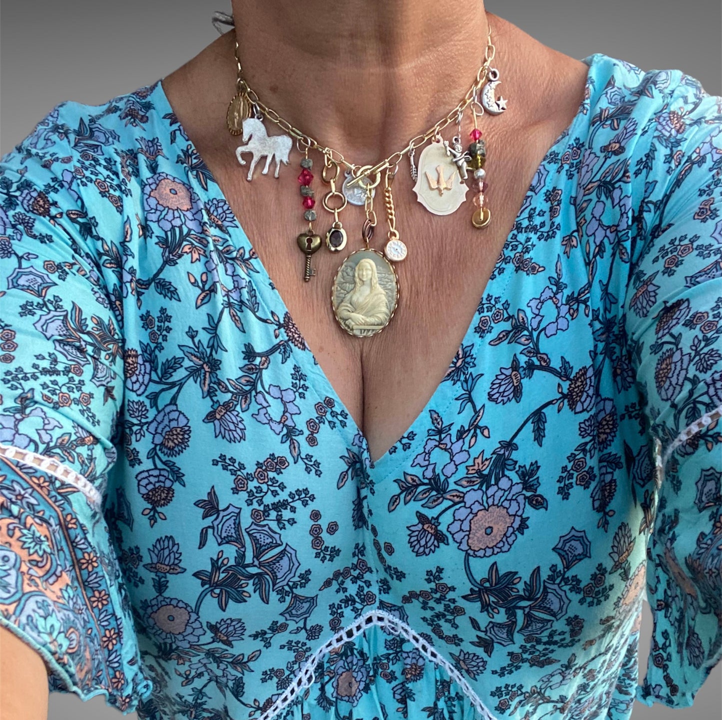 Handmade Altered Art Amalgamation Mona Lisa Necklace