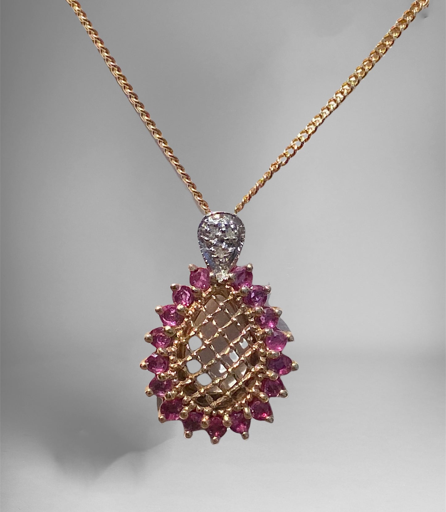 Intricate 10K Ruby and Diamond Pendant