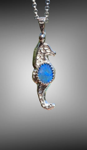 Silver Sand Cast Seahorse Pendant with Opal Doublet