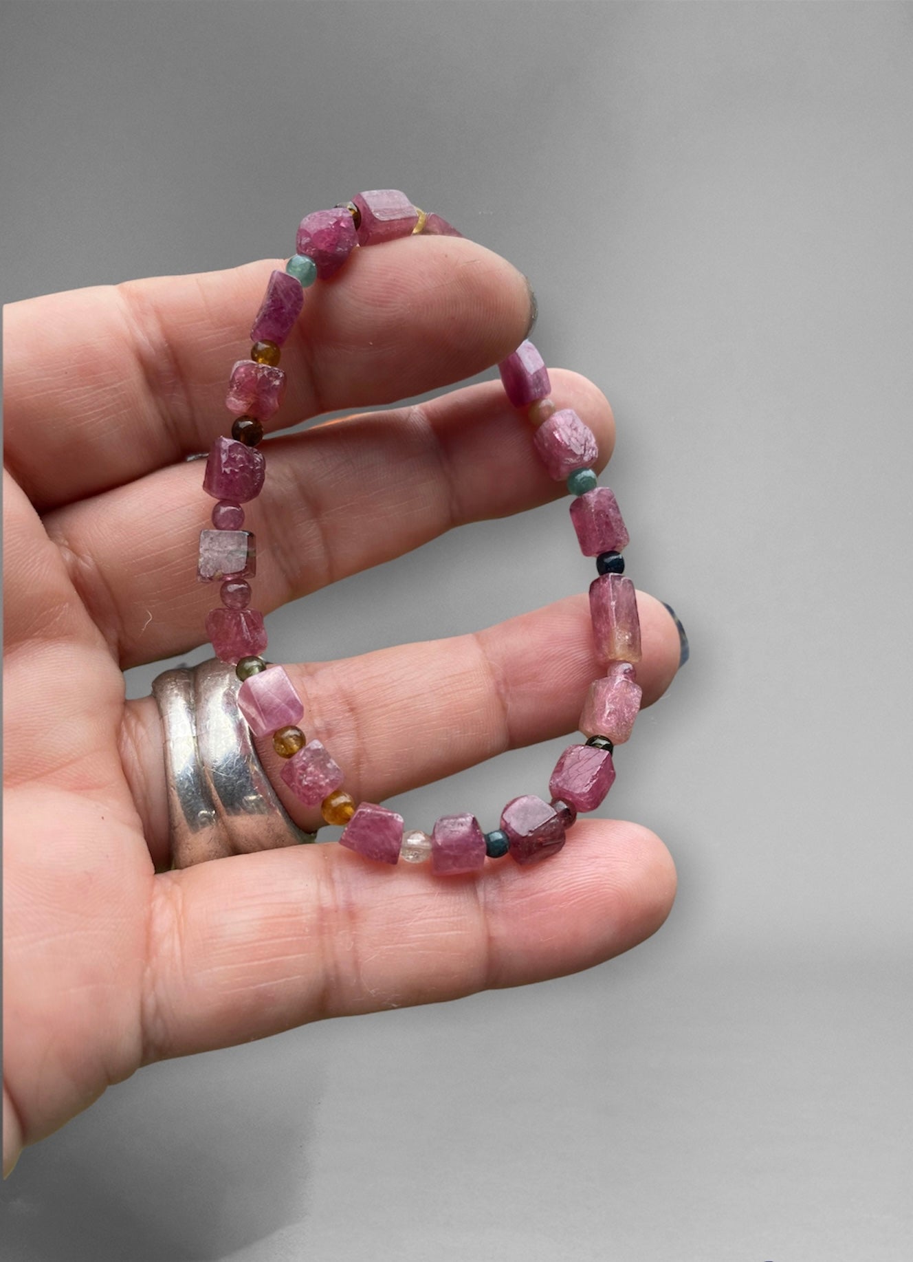 Pink tourmaline and 6mm Garnet Bead Copper Pendant
