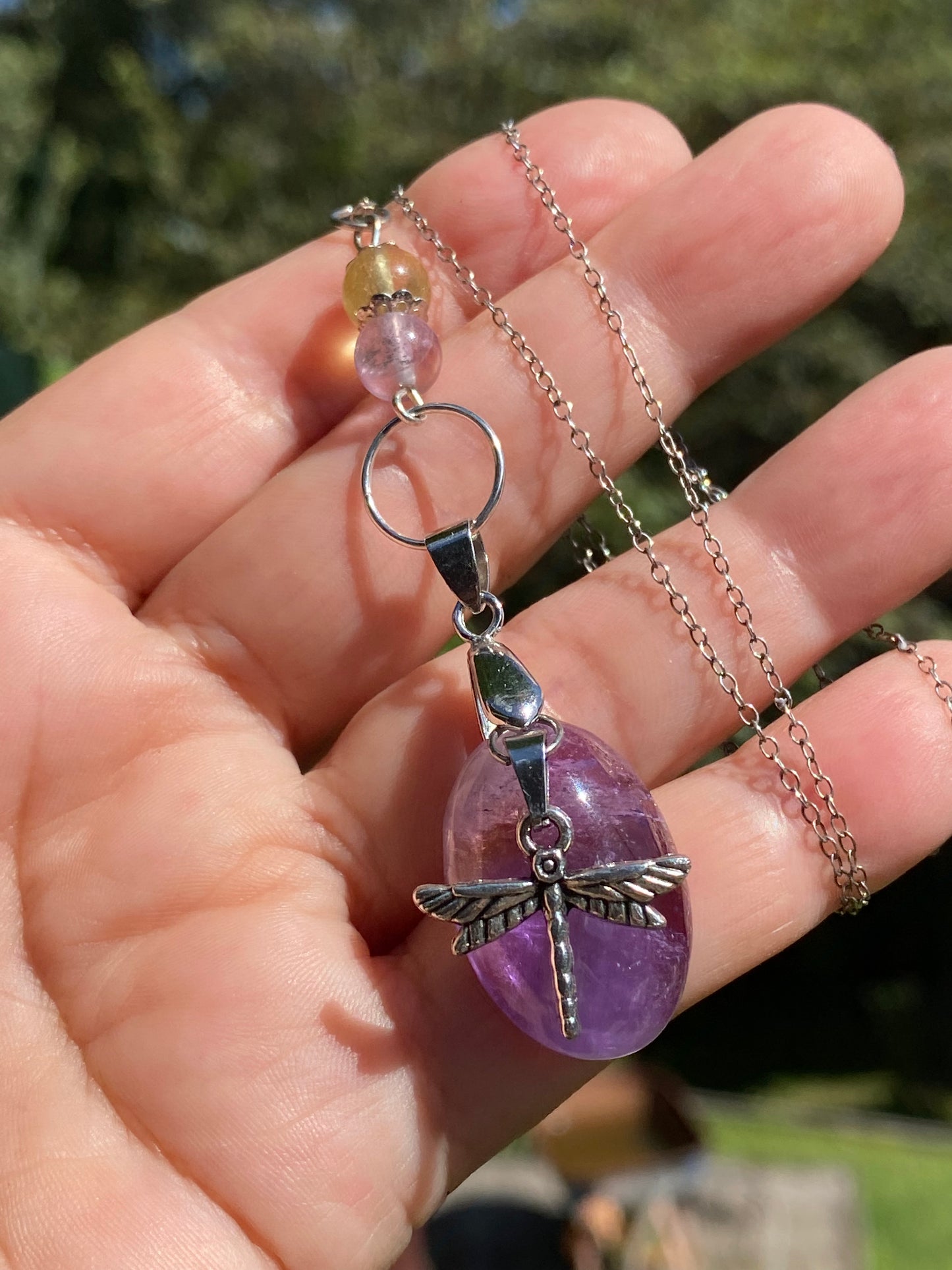 Ametrine Cabochon & Fluorite Beads Dragonfly Pendant