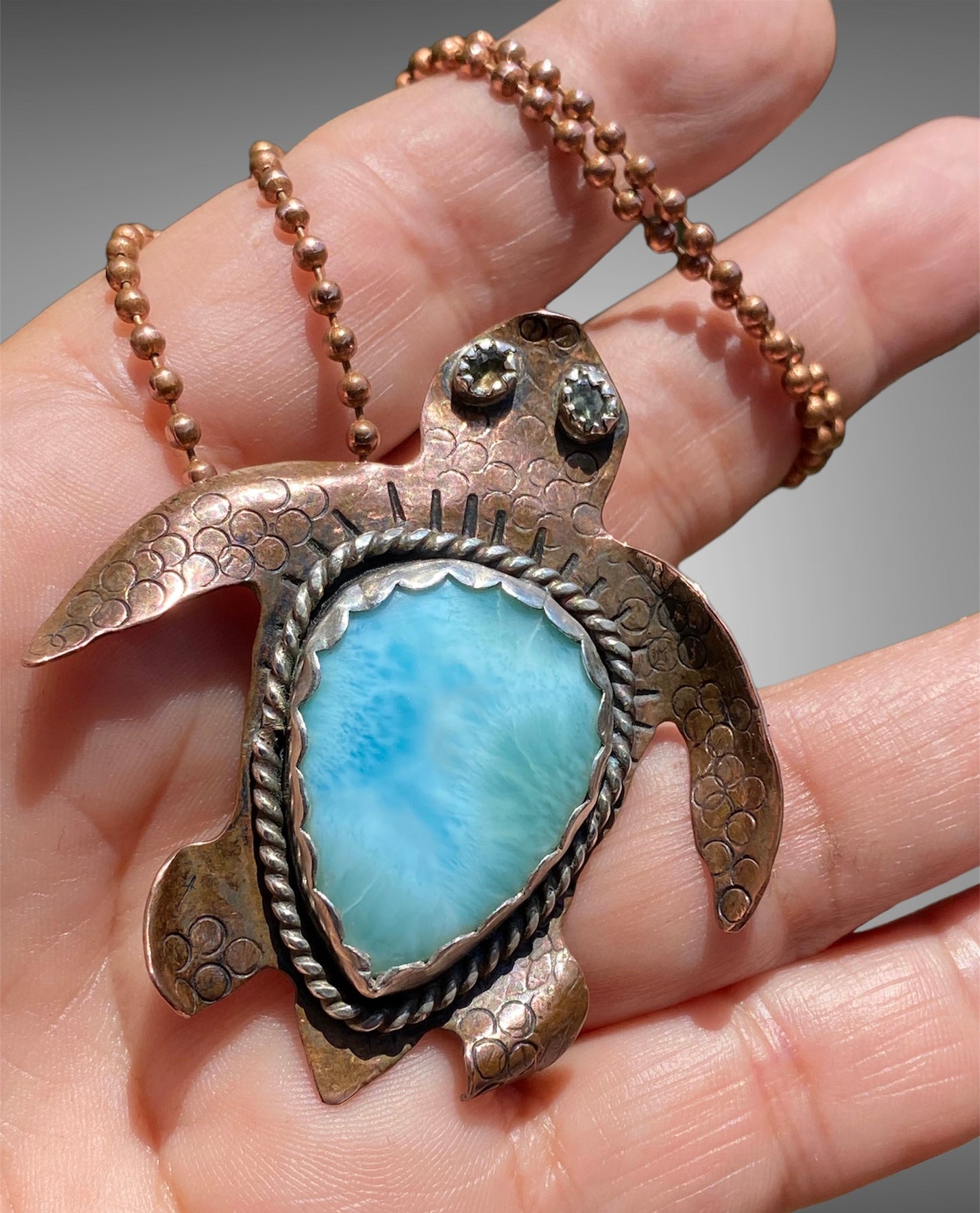 Handmade Turtle Larimar Spirit Animal Pendant Copper & Silver