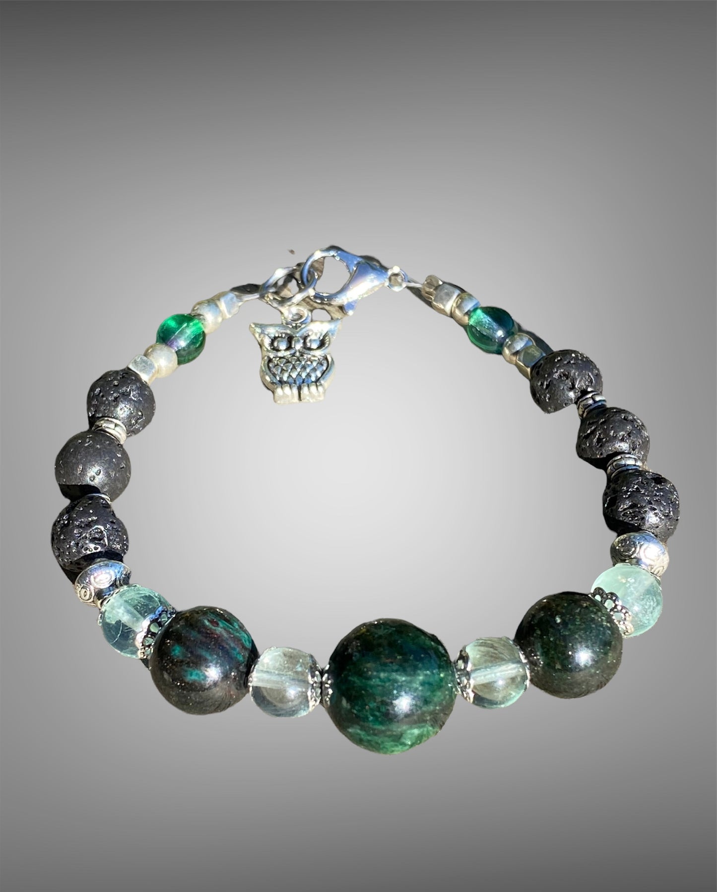 Emerald Bead, Lava stone and Prehnite Bracelet