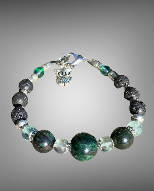 Emerald Bead, Lava stone and Prehnite Bracelet