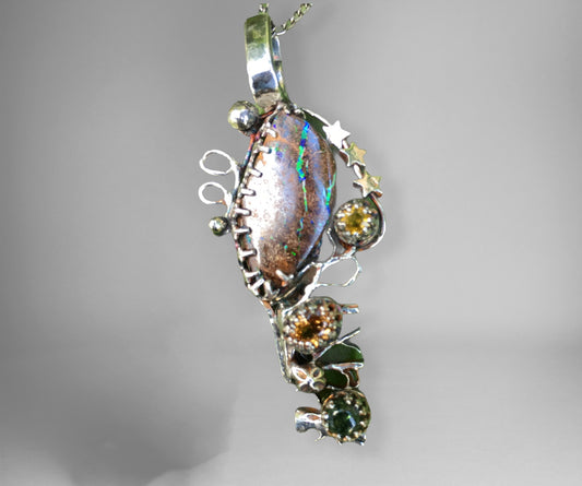 Qld Boulder Opal Sapphire, Garnet & Tourmaline Pendant.