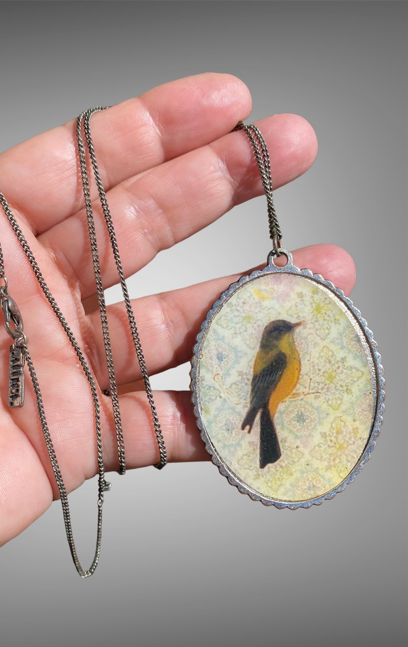 Vintage Hand painted on Material Finch Pendant