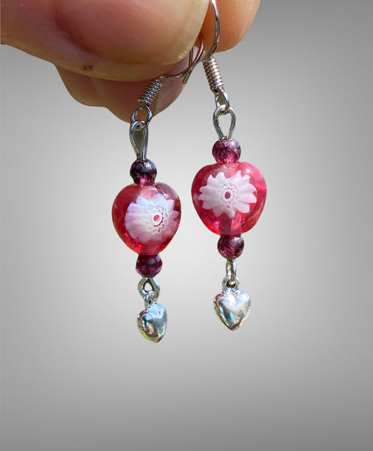 Garnet & Millefiori Earrings with 925 Hearts