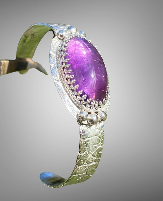 Handmade Amethyst with Heart Textured Sterling Silver Cuff