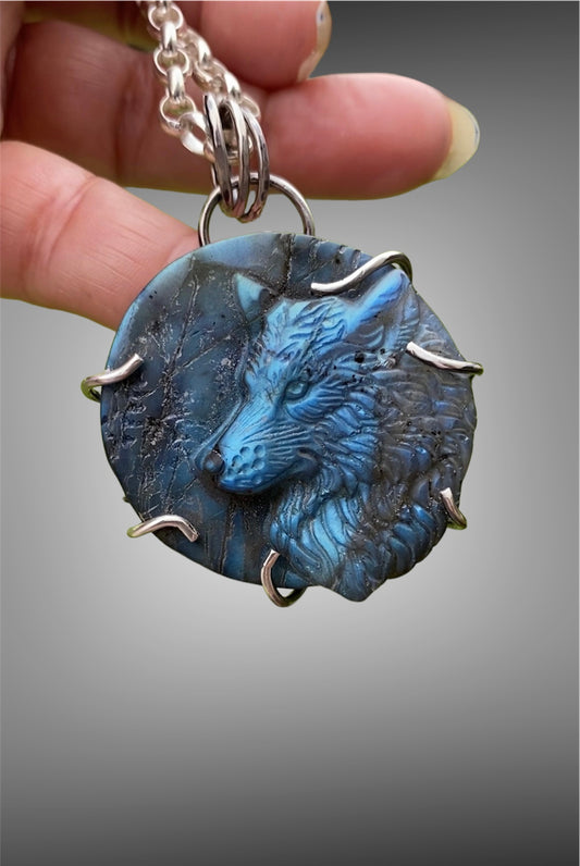 Hand carved Wolf Labradorite Pendant