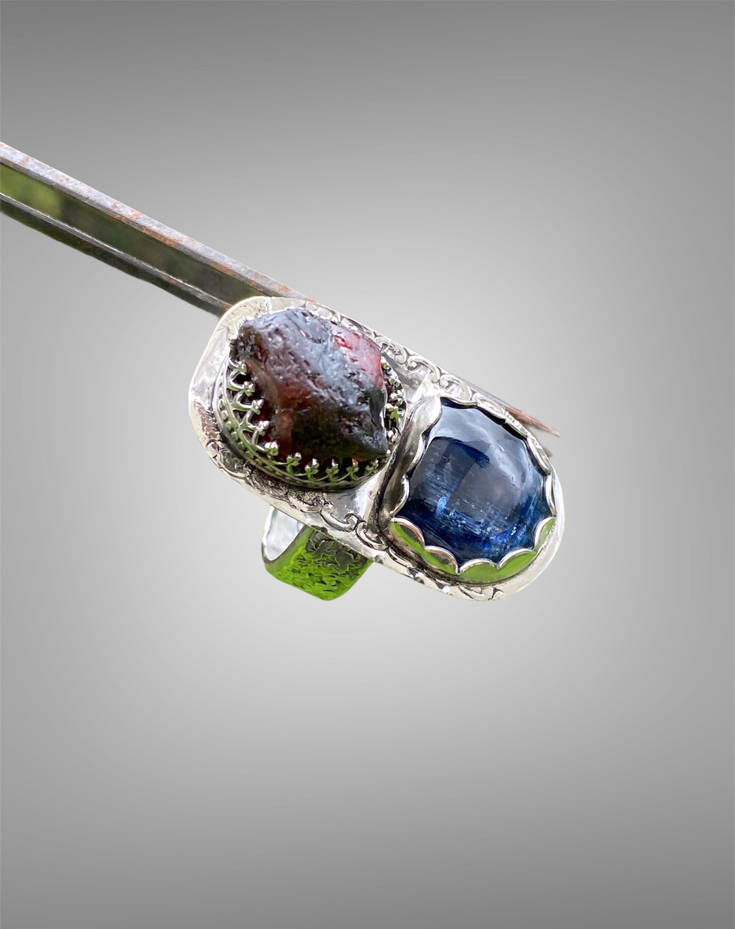 Handmade Blue Kyanite and Rough Garnet Ring