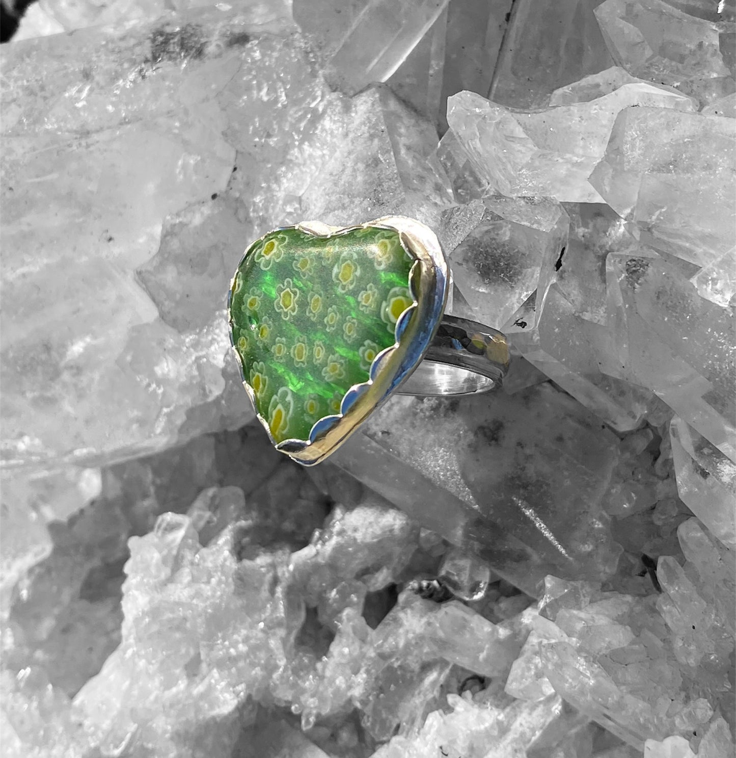 Handmade Millefiori Green Glass Heart Ring