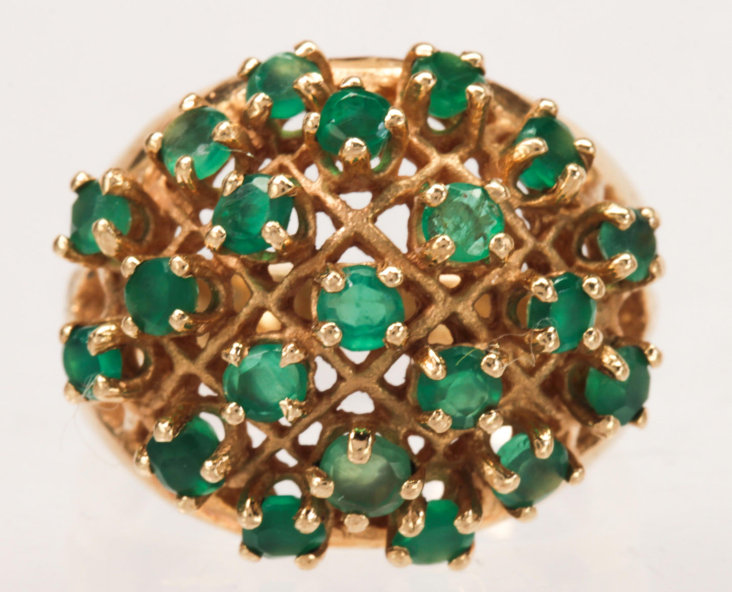 Yellow Gold Emerald Cluster Cocktail Dome Ring - 14k Round 2.55ctw Latticework
