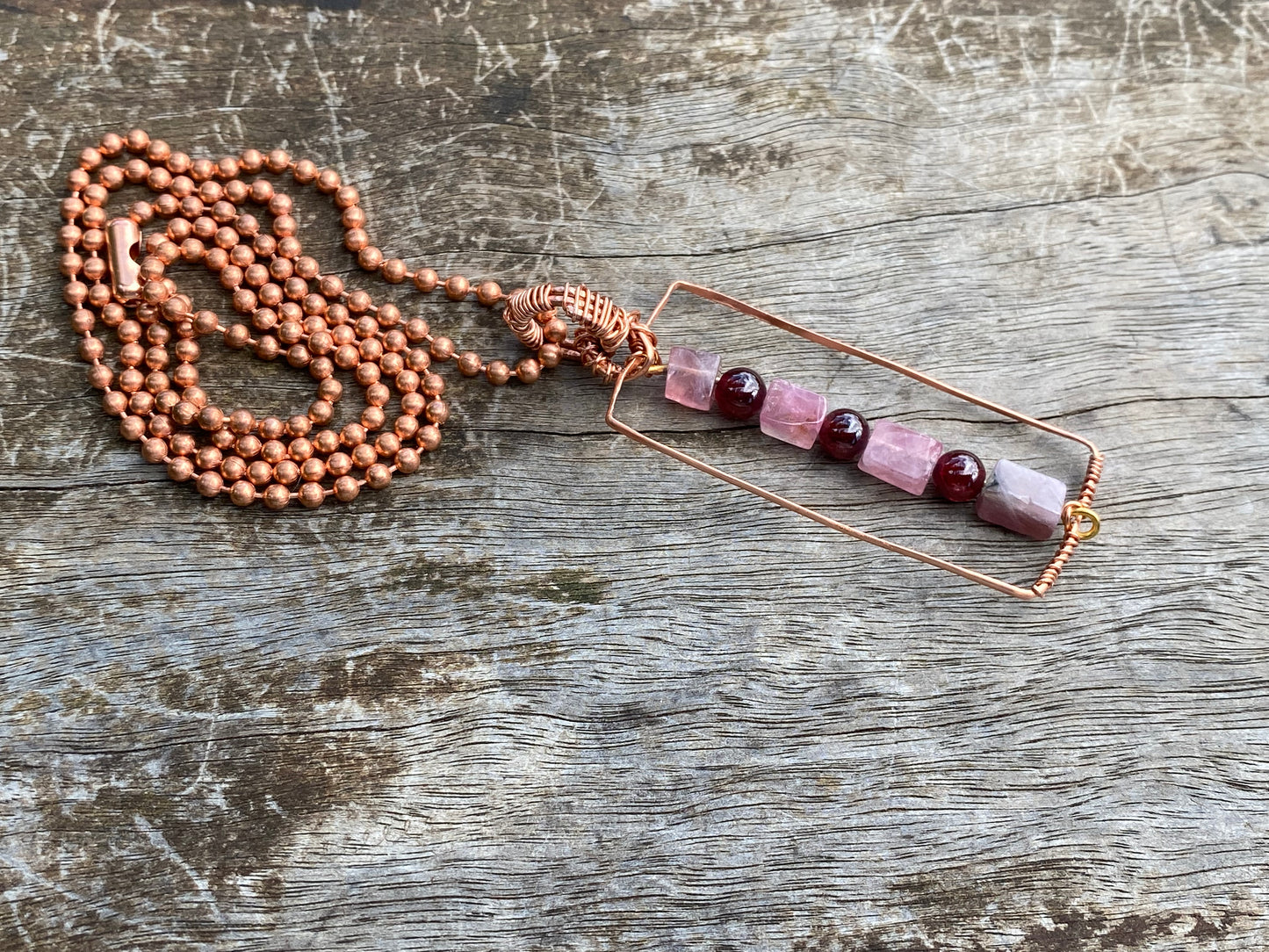Pink tourmaline and 6mm Garnet Bead Copper Pendant