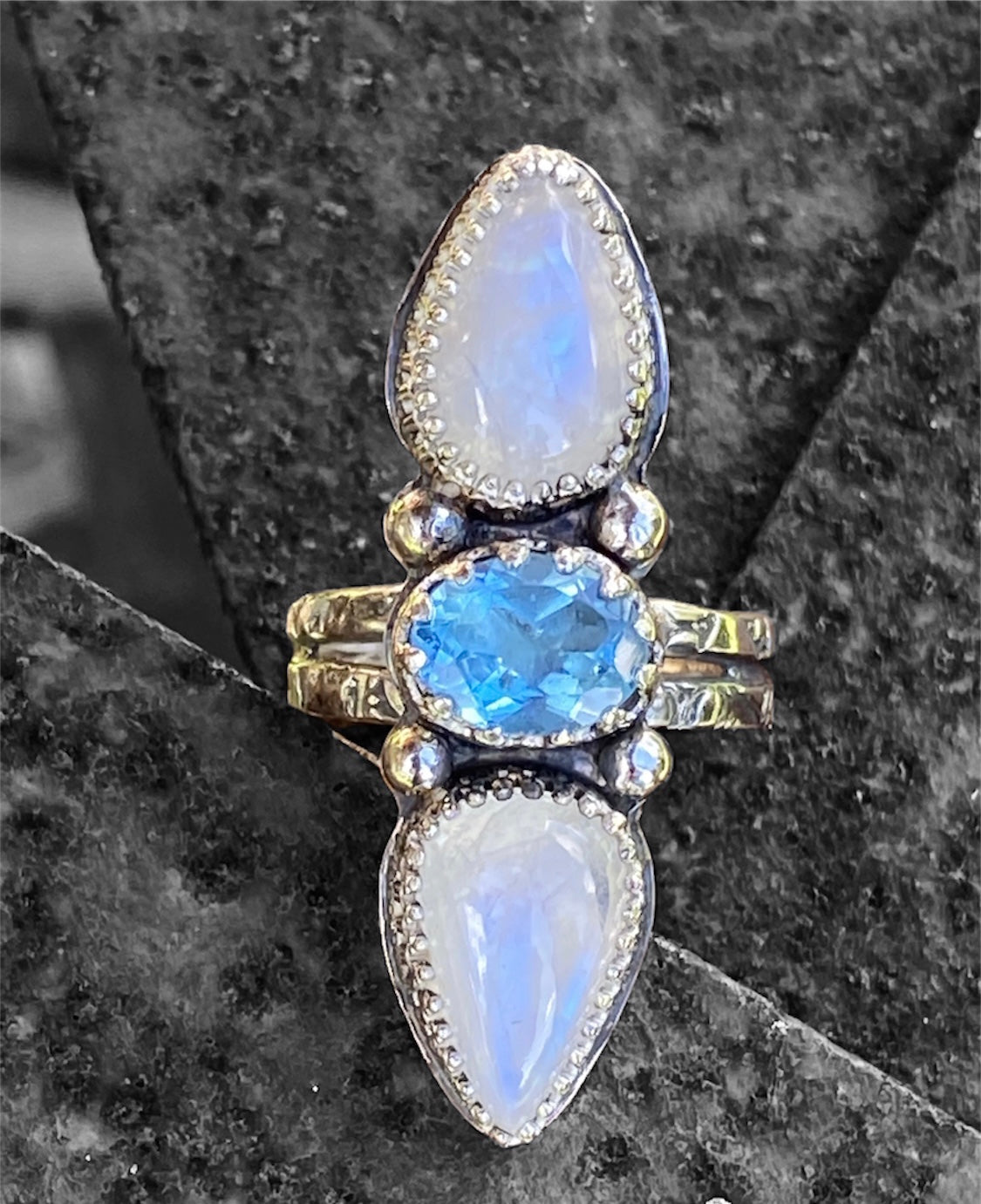 Match made in Heaven Blue Topaz & Rainbow Moonstone Ring sold