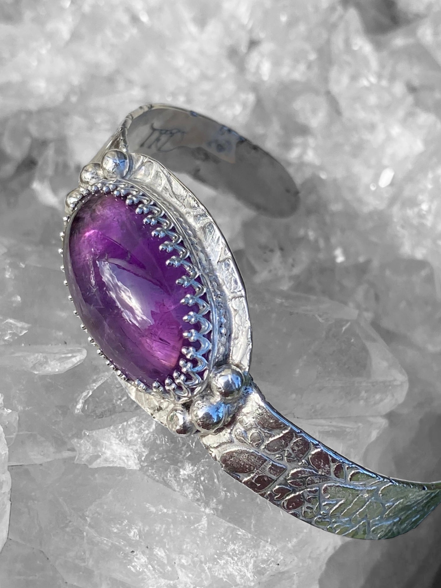 Handmade Amethyst with Heart Textured Sterling Silver Cuff