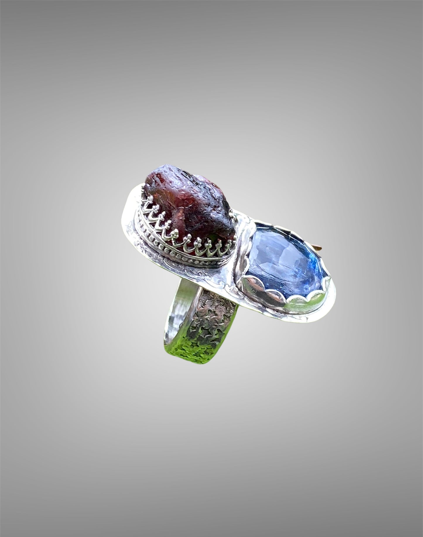 Handmade Blue Kyanite and Rough Garnet Ring