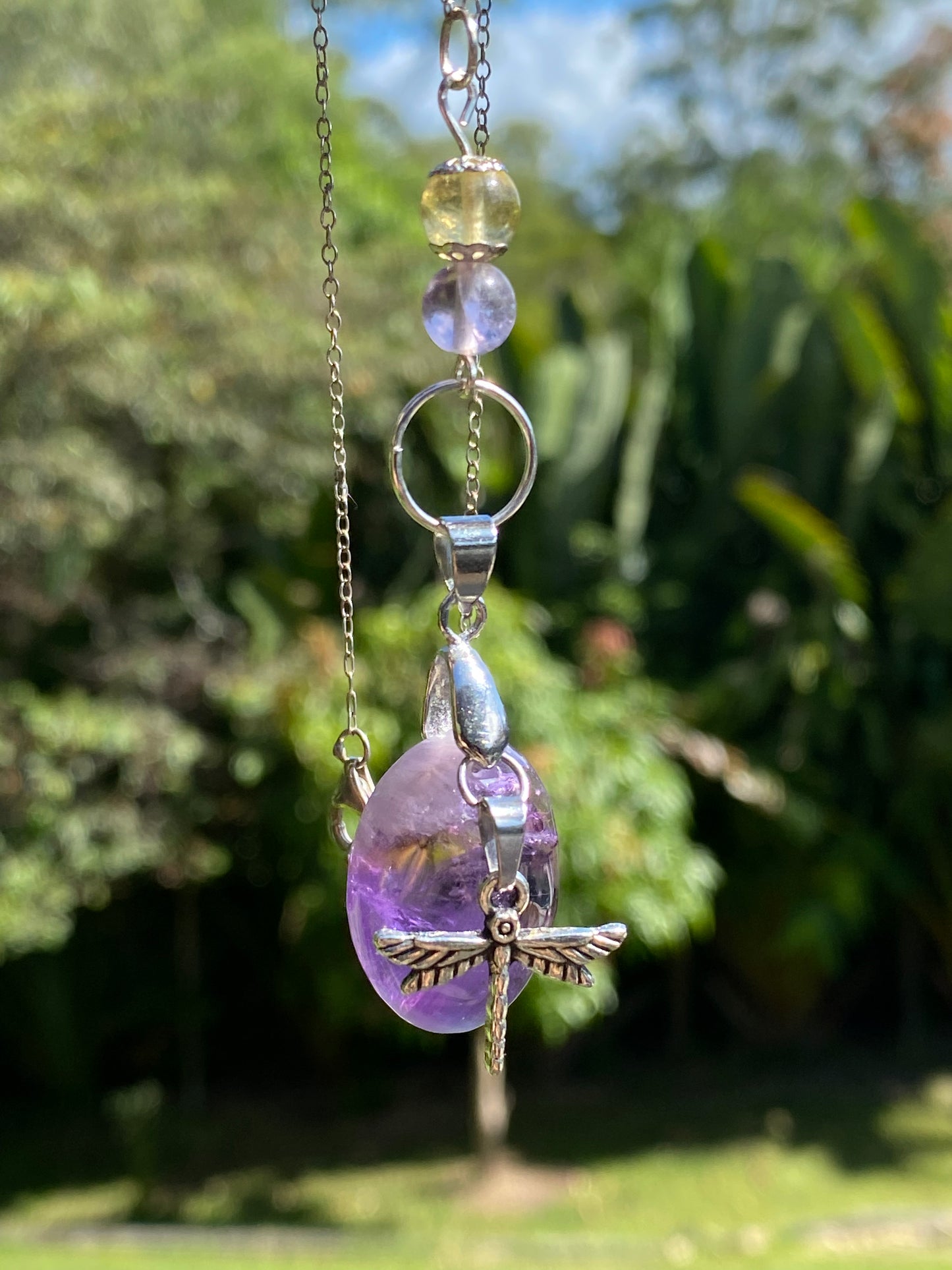 Ametrine Cabochon & Fluorite Beads Dragonfly Pendant