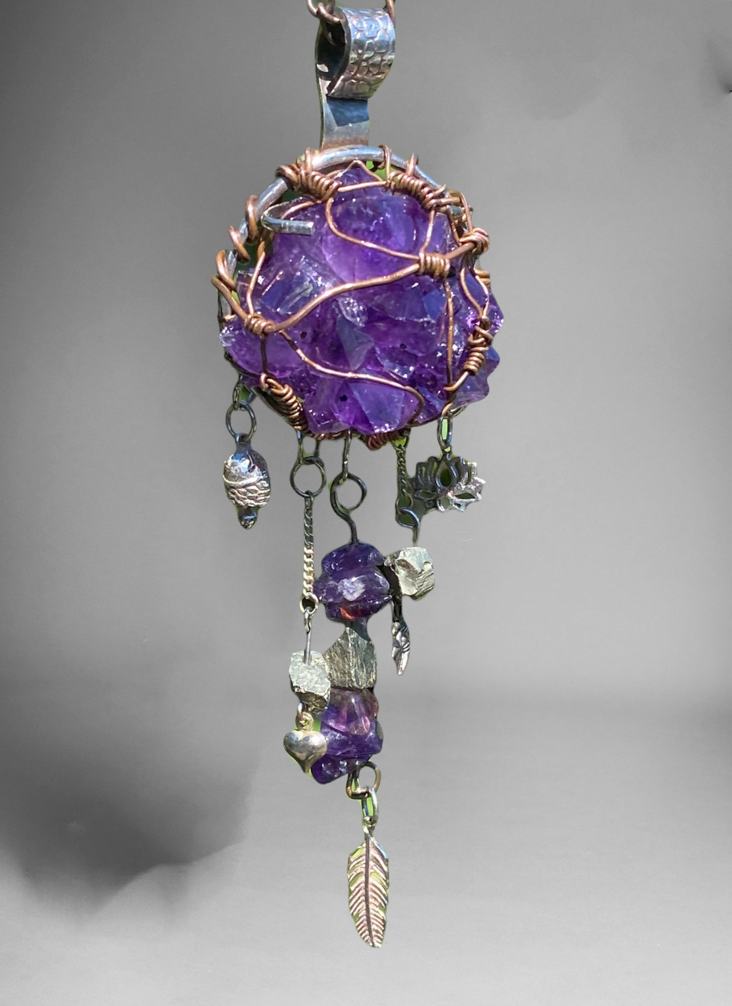 Handmade Amethyst Cluster and Pyrite Dream Catcher Necklace